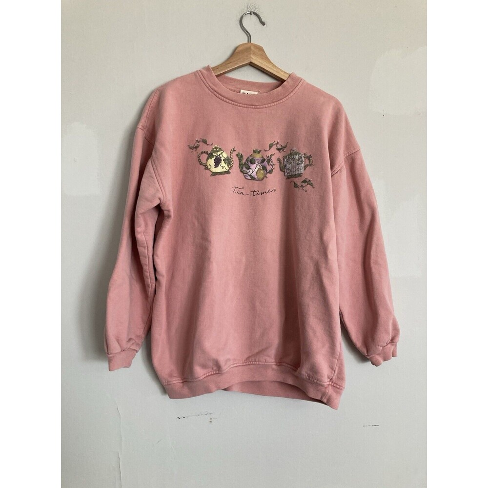 Vintage Tea Time Pullover Sweatshirt LARGE Pink Cotton
